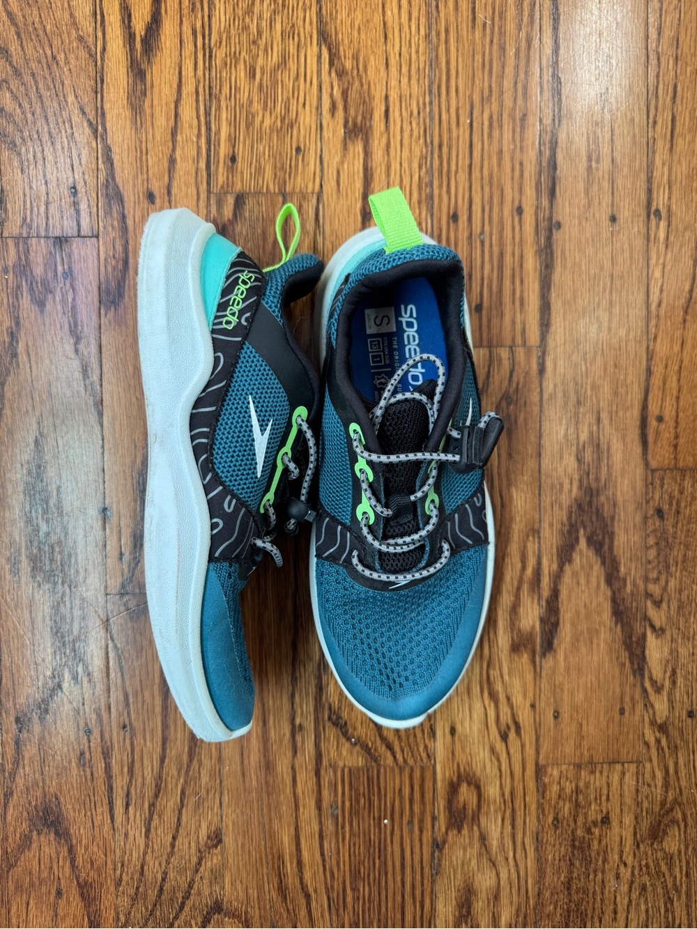 Speedo Kids' Teal Mesh Sneakers with Neon Green Accents Size 13 - 1